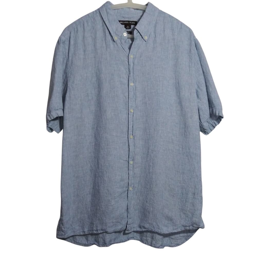 Michael Kors Slim Fit Men's Blue Stripe Short Sleeve Casual Linen Shirt Size XL